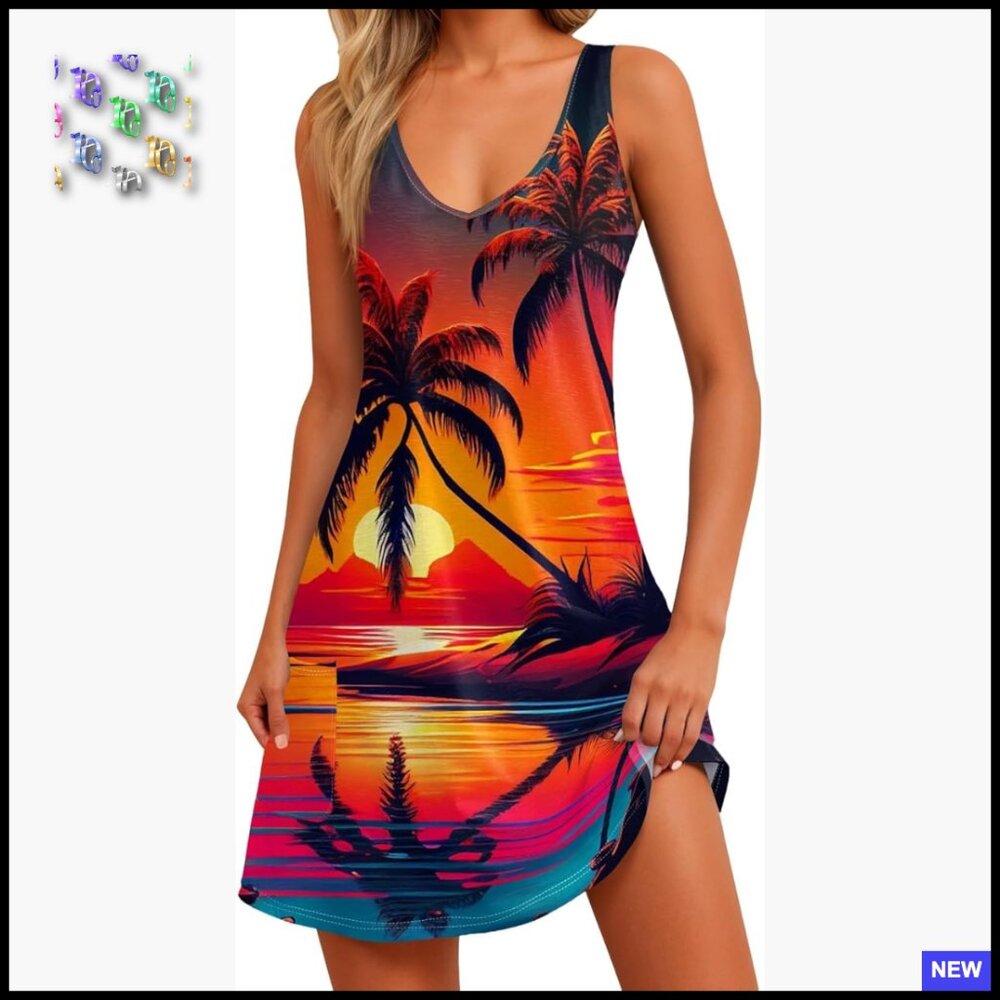V-Neck Sleeveless Midi Sundress Boho Casual Beach Dress With Pockets
